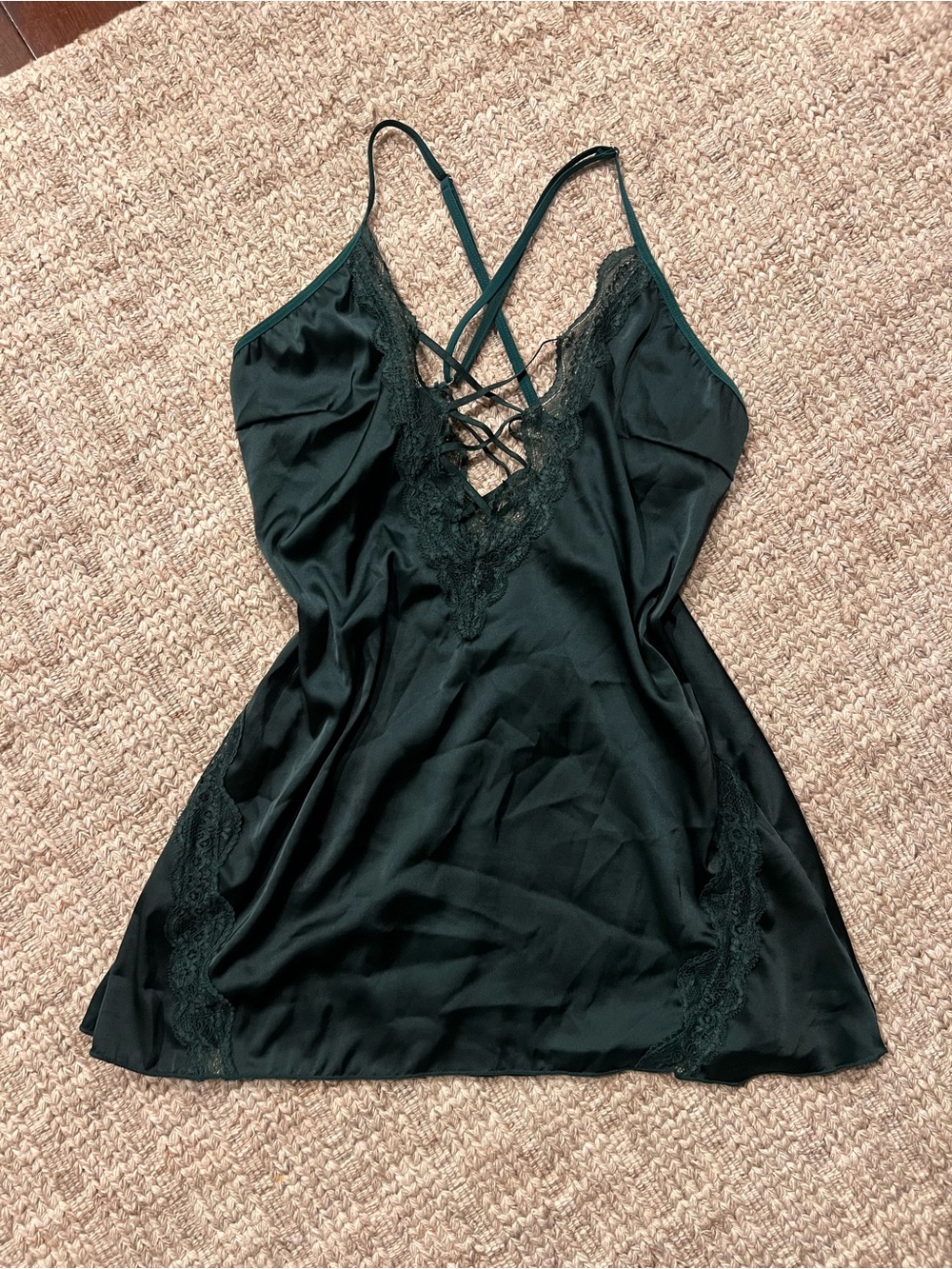 Satin Lace-Trim Chemise Slip - Black